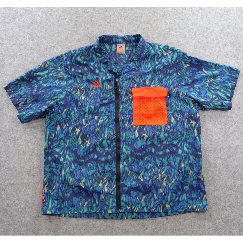 Nike ACG Shirt Mens 2XL XXL Blue Green Zip Short Sleeve AOP Wilderness CD7636